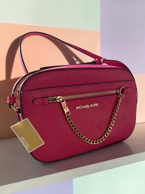 Michael Kors Hot Pink Saffiano Camera Crossbody with Gold Chain
